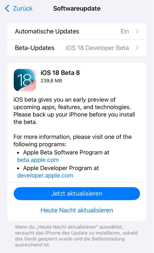 彬村山华侨农场苹果手机维修分享苹果 iOS / iPadOS 18 开发者预览版 Beta 8 发布 